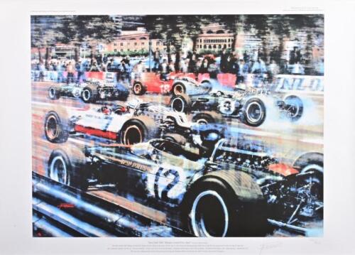 CLARK: An interesting Limited Edition Juan Carlos Ferrigno print - "Jim Clark 1967 Monaco Grand Prix Start" - depicting the start of the 1967 Monaco Grand Prix featuring Jim Clark in the Lotus 33 with other period Grand Prix drivers and cars. Numbered 402
