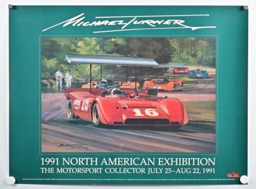 TURNER: A Michael Turner '1991 NORTH AMERICAN EXHIBITION - THE MOTORSPORT COLLECTOR JULY 25-AUG 22, 1991' promotional print. Depicts Ferrari 612 of Chris Amon and others at 1969 Road America Can-Am at Elkhart Lake