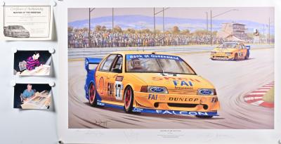 JOHNSON/BOWE: A Brian Baigent print - 'MASTERS OF THE MOUNTAIN' - depicting the Ford Falcon's of Dick Johnson and John Bowe on route to victory in the 1994 Toohey's 1000 at Mount Panorama. Dick Johnson & John Bowe signatures. CoA. Artist Proof Number 37/75