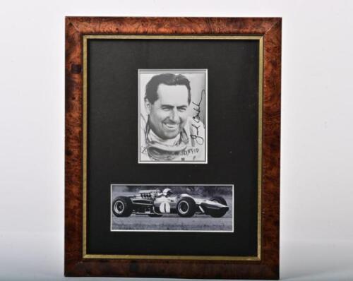 BRABHAM: A set of black and white pictures of Sir Jack Brabham and a Repco-Brabham BT23A-1. Portrait picture signed by Sir Jack Brabham
