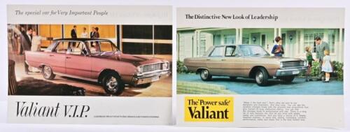 VALIANT: Two Chrysler Australia V.E. Valiant single sheet, double sided colour sales brochures. V.I.P, Valiant & Valiant Safari models