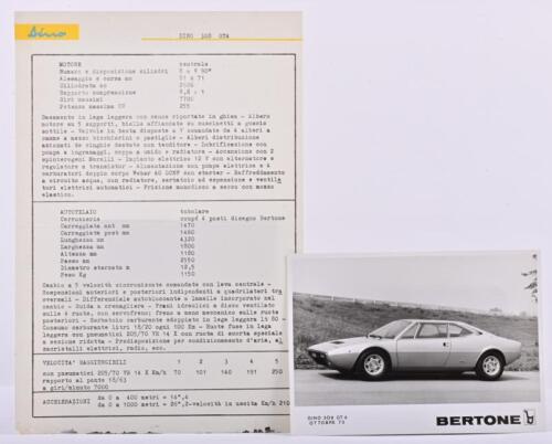 FERRARI: An original 1973 Ferrari Dino 308 GT4 specification sheet & BERTONE picture