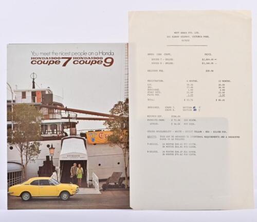 HONDA: An original Honda 1300 Coupe Series 7 and Series 9 colour sales brochure. MOTT HONDA Honda 1300 Coupe Price List