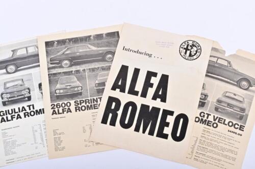 ALFA ROMEO: Four black and white, paper Alfa Romeo technical feature sheets and 'ALFA ROMEO' model information four page brochure. '2600 SPRINT', 'GIULIA TI', GIULIA GT VELOCE' model references. Circa 1960's