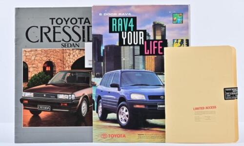 TOYOTA: Three Toyota sales brochures from different eras. 1980's 'TOYOTA CRESSIDA SEDAN' brochure