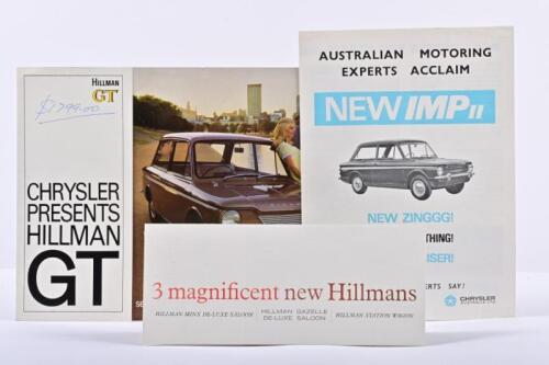 HILLMAN: Three Chrysler Australia Hillman items. Imp brochure & Minx, Gazelle, Station Wagon model range brochure