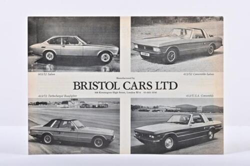 BRISTOL: An original and rare 'BRISTOL CARS LTD' black and white model range sales brochure. 603/S2 Saloon, 412/S2 Convertible-Saloon model details