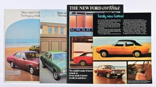 FORD: Four 1970's Ford Cortina colour sales brochures. Two 'New-sized Cortina. The happy medium.' brochures
