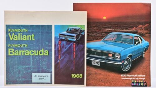 PLYMOUTH: Two period Plymouth sales catalogues. 1968 Plymouth Valiant, Plymouth Barracuda brochure