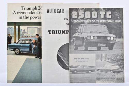 TRIUMPH: Three period Triumph sales brochures and road tests. 1969 brochure for Triumph 2.5 P.I
