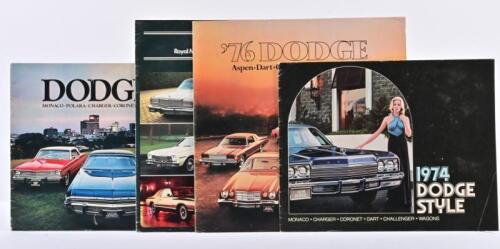 DODGE: Four Dodge model sales catalogues from 1973 - 1974, 1976 - 1977. Monaco, Charger, Coronet, Dart, Wagons model details