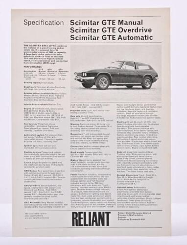 RELIANT: A 1970's Reliant Scimitar GTE Manual, Overdrive, Automatic Specification sheet