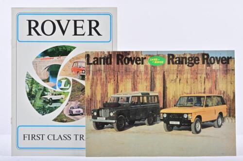 ROVER/RANGE ROVER: Two Rover/Land Rover sales brochures. 1972 'ROVER - FIRST CLASS TRAVEL' model range sales brochure. Rover 2000 SC/TC, Rover 3500, Range Rover, Rover 3.5 Litre details