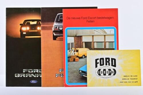 FORD: Four Ford European brochures. 1958 Ford Anglia De Luxe and Tourist brochure. Escort, Fiesta, Granada brochures. Dutch & French text