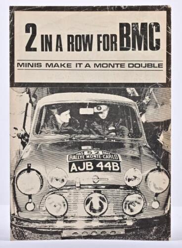 BMC: A Motoring Publication '2 IN A ROW FOR BMC' single sheet, double sided brochure. Rallye Monte-Carlo Mini Cooper 'S' pictures