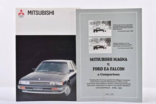 MITSUBISHI: Two 1980's Mitsubishi Magna literature items. 1987 Mitsubishi Magna colour model range sales brochure & Car Australia Ford V Mitsubishi comparison