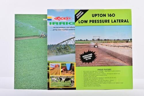 IRRIGATION: Four sales brochures detailing irrigation. Cricket Irrigator, Linear Irrigation Systems, Upton brochures