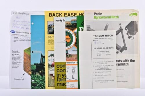 HITCHES: A collection of eight sales brochures predominantly concerned with hitches and other associated farming products.HEASLIP PRODUCTS, GESSNER INDUSTRIES, POOLE, T-L IRRIGATION COMPANY brochures