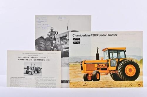 CHAMBERLAIN: Two Chamberlain sales brochures and literature item. Chamberlain Tractor brochures & Australian Tractor Test No. 52