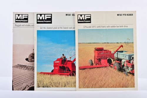 MASSEY-FERGUSON: Three 1970's Massey-Ferguson Header and Drill brochures. 1973 MF587 PTO HEADER and 1973 SELF-PROPELLED HEADER sales brochures