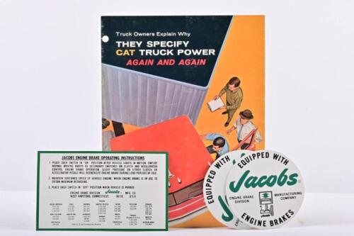 CATERPILLAR: A group three interesting trucking items. Caterpillar 'Truck Owners Explain Why THEY SPECIFY CAR TRUCK POWER AGAIN AND AGAIN' sales brochure & Jacobs ENGINE BRAKES stickers