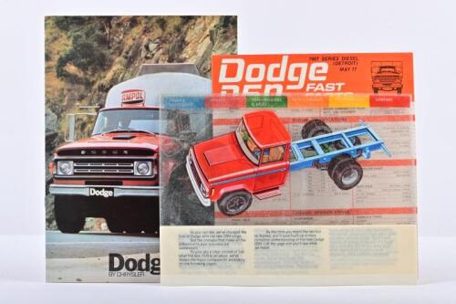 DODGE: An impressive May 1974 CHRYSLER AUSTRALIA LTD 'Dodge D5N' colour sales brochure. Separate 'Dodge D5n (700T SERIES DIESEL) May 77 FAST FACTS specification sheet & seven page acetate sheet breakdown diagram picture set displaying the major components