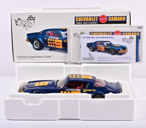 CAMARO: A limited edition 1:18 scale Classic Carlectables Chevrolet Camaro Z28 as race by Bond/Bartlett in Bathurst 1982, in blue 9 sports livery, with COA numbered 1027/3500, in double fitted box