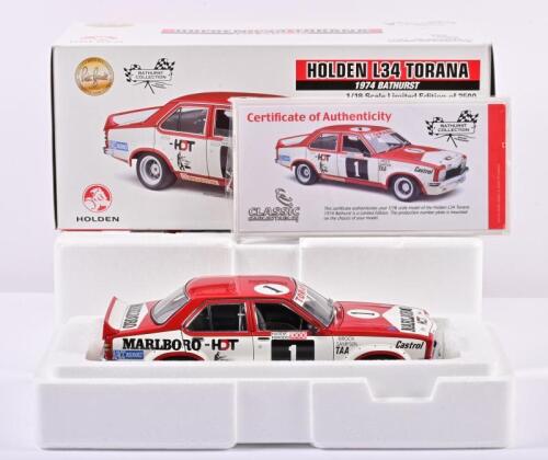 TORANA: A limited edition 1:18 scale Classic Carlectables Holden L34 Torana as raced by Brock/Sampson in 1974 Bathurst, #1, with COA numbered 2168/2500, in double fitted box