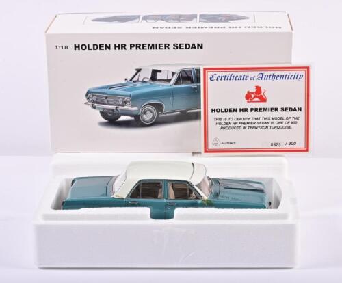 HOLDEN: A 1:18 scale Autoart Holden HR Premier Sedan, with COA numbered 625/900, right mirror fixed it with glue, in fitted box with copy of COA glued it