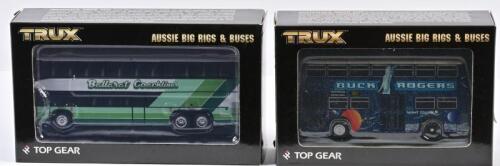 COMMERCIAL BUS: Two 1:76 scale Trux COMMERCIAL Bus Denning Double Decker Coach 1988 and Sydney Atlantean Double Decker Bus, TX9F/TX17B, in fitted box