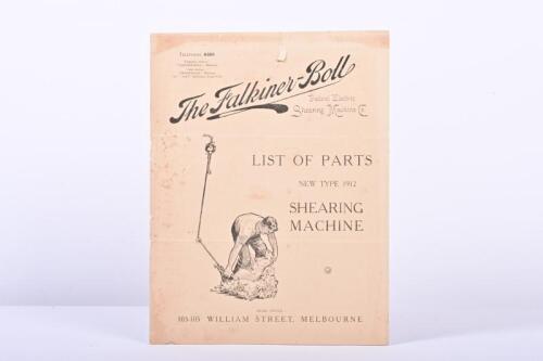 FALKINER-BOLL: An early 'The Falkiner-Boll Patent electric Shearing Company&nbsp;LIST OF PARTS, NEW TYPE 1912, SHEARING MACHINE' brochure
