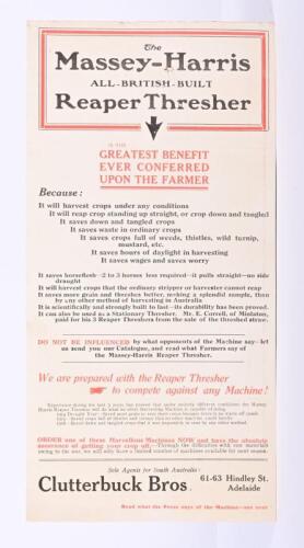 MASSEY-HARRIS: A circa 1910's 'The Massey-Harris ALL-BRITISH BUILT Reaper Thresher' product review brochure, as prepared for Clutterbuck Bros, sole agents for South Australia