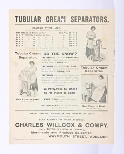 TUBULAR: A 'TUBULAR CREAM SEPARATORS.' single sheet, double sided sales brochure