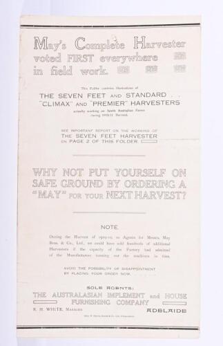MAYS: A circa 1911&nbsp;'May's Complete Harvester' fold out sales folder
