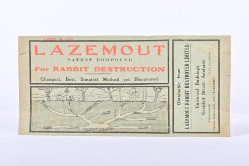 LAZEMOUNT: A circa 1912 'LAZEMOUNT PATENT COMPOUND For RABBIT DESTRUCTION' four page sales brochure
