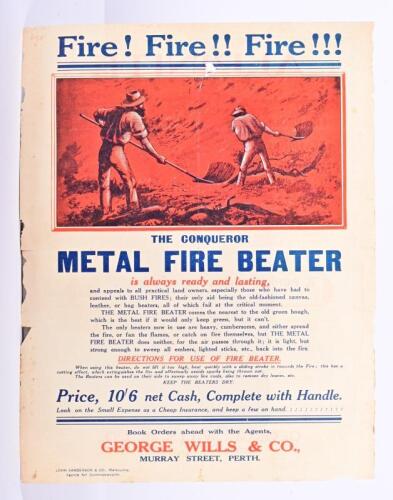 FIRE: An original single sheet, double sided sales brochure as prepared for GEORGE WILLS & CO, brochure. Details 'ALPINITE' and 'THE CONQUEROR METAL FIRE BEATER' products