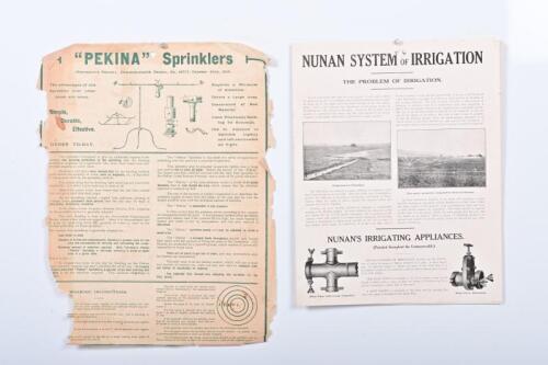 SPRINKLERS: Two sales brochures concerned with farm sprinklers. Nunan & "PEKINA" sales brochures