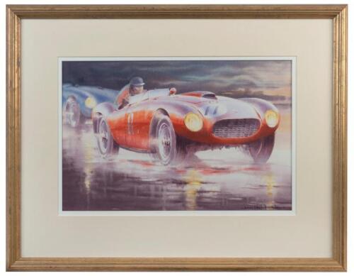 GONZALEZ: An original watercolour by John Orlando Birt (b.1947) featuring the 1954 Ferrari 375 Plus 0384 AM winning at Silverstone with Jose Froilan Gonzalez behind the wheel