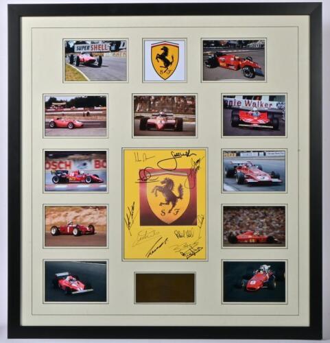 SCUDERIA FERRARI: A framed and glazed Ferrari collage of Ferrari F1 race cars from various eras, with central Scuderia Ferrari emblem picture signed by numerous Ferrari Formula 1 drivers including Amon, Ickx, Mansell, Surtees, Alboreto, Arnoux, Brooks, Sc