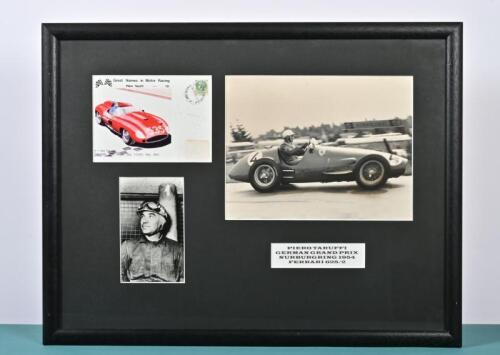 TARUFFI: A framed collage of Piero Taruffi related items. Taruffi signed Italian First Day Envelope & Driver picture