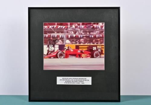 JOHANSSON: A colour picture of Stefan Johansson racing a Ferrari 156/85 from the Australian Grand Prix, Adelaide 1985. Stefan Johansson signature