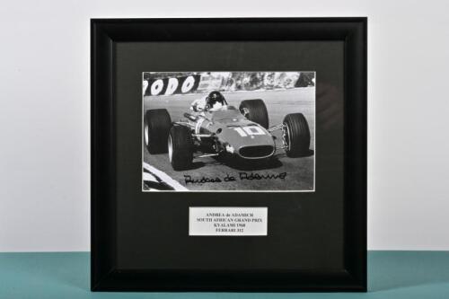 deADAMICH: A black and white image of Andrea de Adamich racing a Ferrari 312 at the South African Grand Prix Kyalami 1968. Andrea de Adamich signature