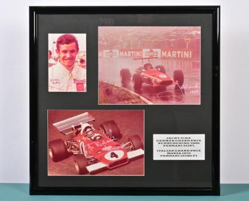 ICKX: A three colour picture set relating to Jacky Ickx. Ferrari 312F1 & Ferrari 312B2 F1 pictures signed by Jacky Ickx