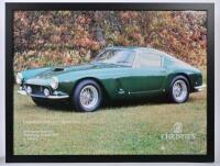 250 GT: A CHRISTIE'S 'Important Collectors' Motor Cars, 20 June 1990' poster featuring a Ferrari 250 GT in green. Framed and glazed
