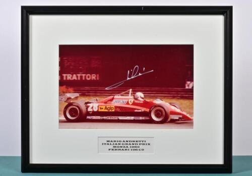 ANDRETTI: A colour image of Mario Andretti racing a Ferrari 126 C2 at the Italian Grand Prix MONZA 1982. Mario Andretti signature