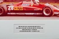 ANDRETTI: A colour image of Mario Andretti racing a Ferrari 126 C2 at the Italian Grand Prix MONZA 1982. Mario Andretti signature - 2