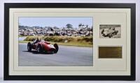 HAWTHORN: A Mike Hawthorn picture set. Black and white picture of Hawthorn racing a Lancia-Ferrari 801 at the German Grand Prix Nurburgring, 1957. Mike Hawthorn signature (COA attached in images)