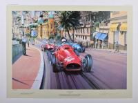 625: A Limited Edition print by Nicholas Watts titled "AGAINST THE ODDS" featuring the Ferrari 675 of Maurice Trintignant leading the Lancia D50 of Villoresi as they climb the Montee du Beau Rivage at The Grand Prix of Europe, Monaco 1955. Print signed by