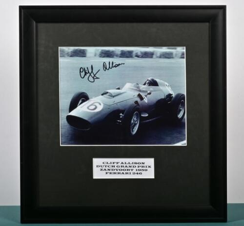 ALLISON: A black and white image of Cliff Allison racing a Ferrari 246 at the Dutch Grand Prix, Zandvoort 1959. Cliff Allison signature