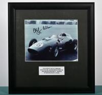 ALLISON: A black and white image of Cliff Allison racing a Ferrari 246 at the Dutch Grand Prix, Zandvoort 1959. Cliff Allison signature